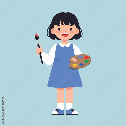 Girl holding paintbrush and palette smiling with blue dress and black hair vector illustration