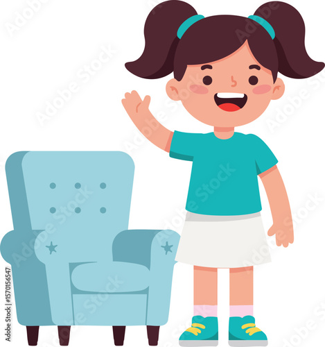 Girl with pigtails waving hand standing next to blue armchair cheerful cartoon character vector illustration