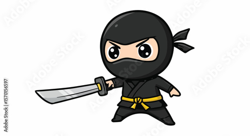 Cute Cartoon Ninja with Sword and Yellow Belt