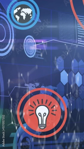 Animation of interface with cloud and data sharing icons over data processing