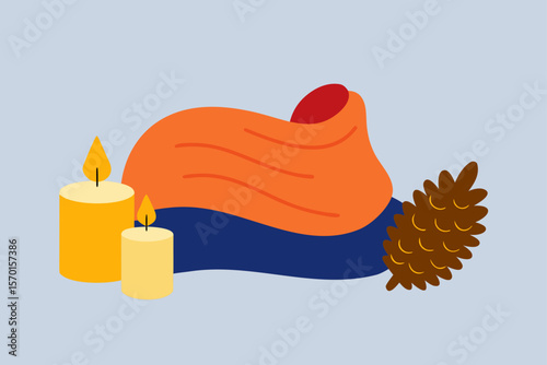 Flatlay with Blanket Candle and Pinecones