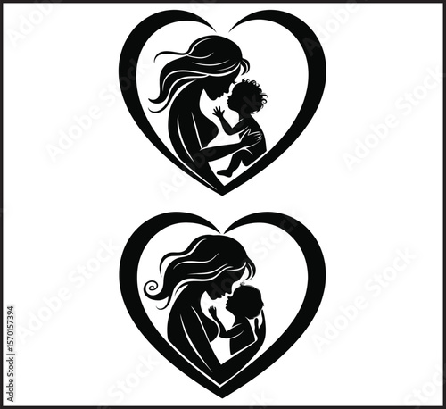 Mother and Child Heart Silhouette Love Icons Set Vector Illustration