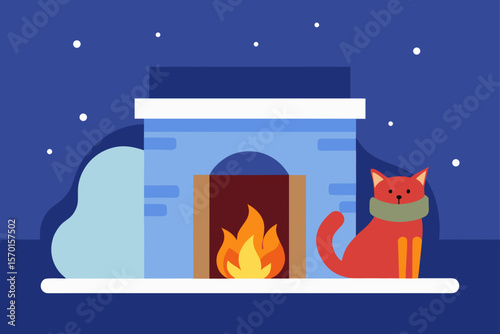 Fireplace Scene with Wool Blanket and Cat Winter Mood