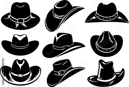 Cowboy hat collection with various styles and shapes, classic western headwear silhouettes in black, evoking rugged and adventurous spirit