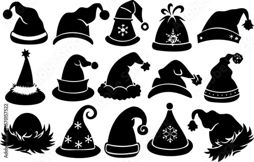 Christmas hat silhouette set with various festive designs and decorations, perfect for holiday and winter celebration themes