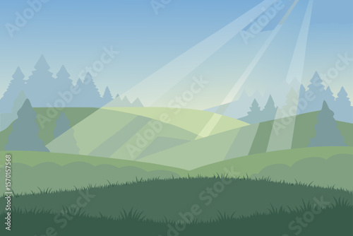 Foggy Morning Meadow with Light Rays