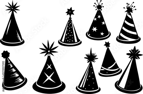 Party hat collection with various star and stripe decorations, festive celebration accessories for joyful events and birthdays