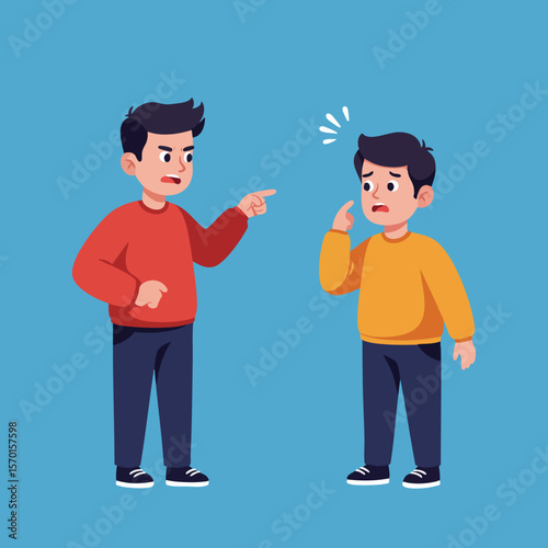 Young boy angrily scolding sad child in casual clothing vector illustration on blue background