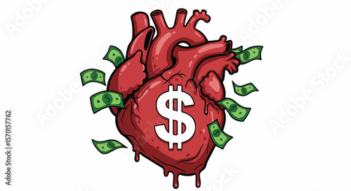 Anatomical Heart with Dollar Symbol Surrounded by Flying Money