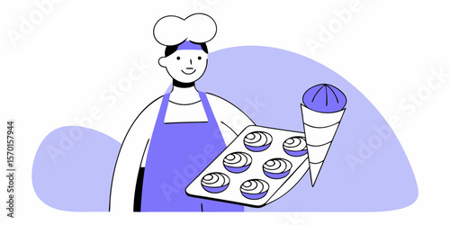 Smiling pastry chef holding tray of cupcakes and ice cream cone, flat vector illustration