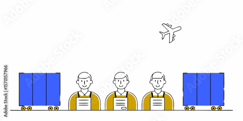 Airport ground crew workers with cargo carts and airplane, modern flat vector