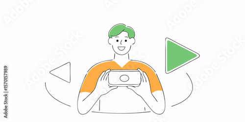 Young man playing VR game with headset, immersive virtual reality gaming concept, flat vector illustration