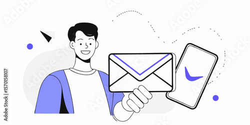 Smiling man holding email envelope and smartphone illustration