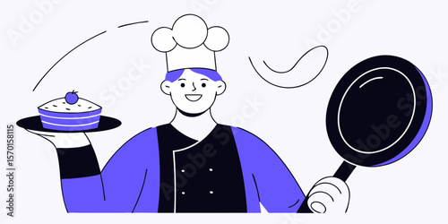 Smiling chef holding cake and frying pan illustration