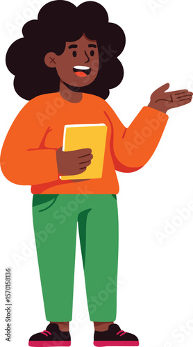 Young woman holding book and gesturing with hand in casual outfit vector illustration