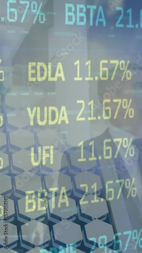 Animation of financial data, graphs and caucasian businessman over solar panels