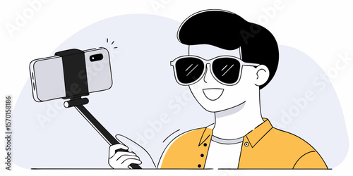 Smiling man with sunglasses taking selfie using selfie stick