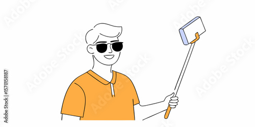 Cool man taking selfie with stick and sunglasses