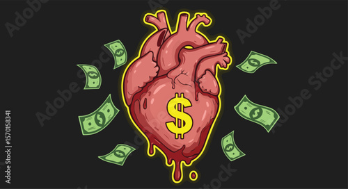 Anatomical Heart with Dollar Symbol Surrounded by Flying Money