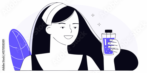 Woman holding skincare toner bottle illustration, beauty and self-care concept