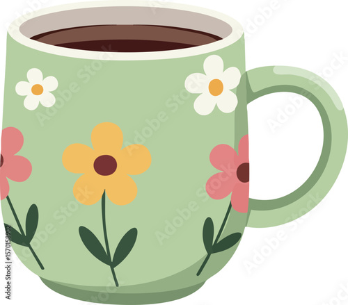 Floral green coffee cup with colorful flowers holding hot beverage in cozy style vector illustration