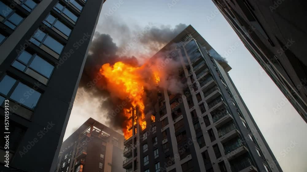 Apartment building fire, urban emergency disaster, city safety crisis, residential blaze, firefighting topic, insurance risk, public safety incident, architecture danger scene
