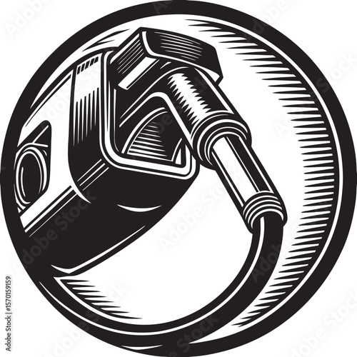 Retro Gas Pump Nozzle: Black and White Woodcut Style Illustration, Fuel Energy Concept on a white or  transparent PNG background