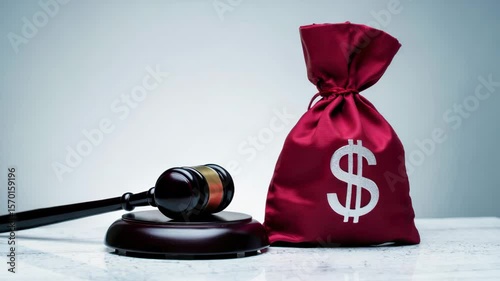 Judge gavel with money bag, legal finance concept, court fine decision, law and economy background, justice and payment, litigation costs, financial penalty, modern design