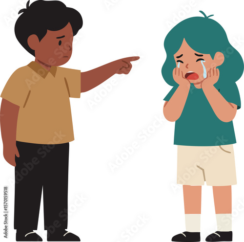 Child conflict scene with boy blaming girl and crying kid emotional interaction vector illustration