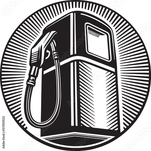 Vintage Gas Pump Illustration: Black and White, Retro Style, Circular Design, Energy Industry Graphic
on a white or  transparent PNG background