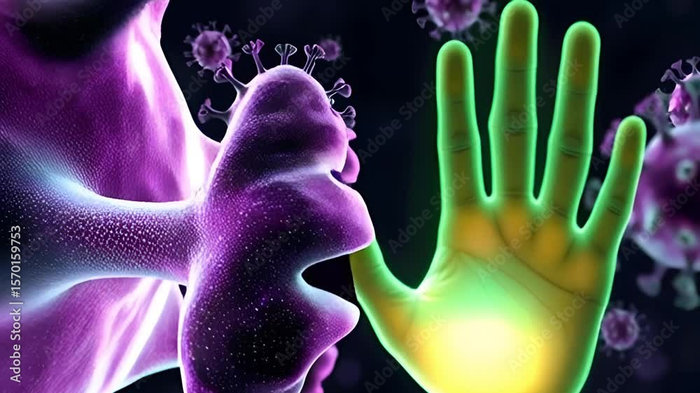 illustration of a hand with glowing point surrounded by virus particles in digital art style