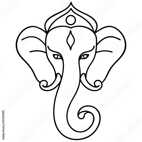 Lord Ganesh outline illustration with elephant head and traditional symbols. Lord Ganesh symbolizes wisdom and prosperity; this illustration is perfect for religious and cultural designs.