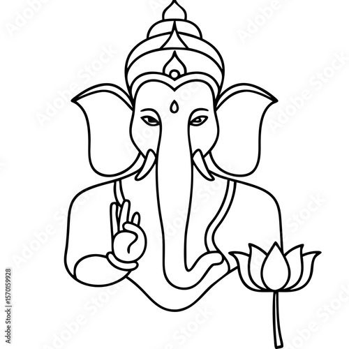 Ganesh line art featuring Indian deity with lotus flower. Ganesh symbolizes wisdom, prosperity, and good fortune in Hindu religion, often depicted during auspicious beginnings.