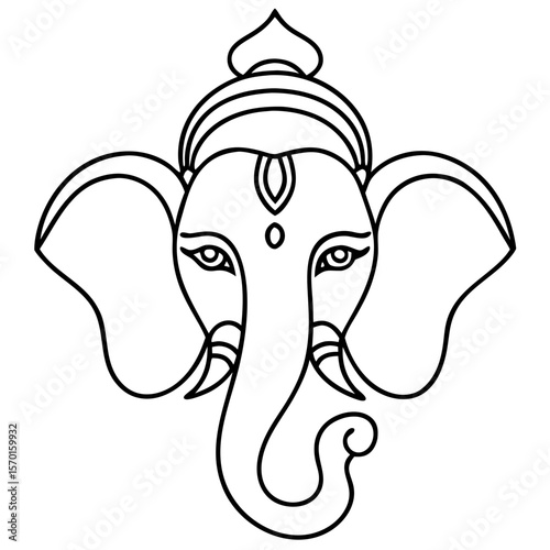 Ganesh icon as a sacred depiction of Ganesha with traditional headdress on white background. Ganesha is seen as symbol of prosperity and wisdom, with a simple design.