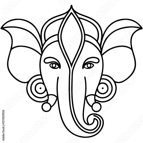 Outline drawing of Ganesh, Hindu deity known for wisdom and prosperity, in simple black lines. Ganesh portrait shows reverence, invoking traditional Indian culture and spirituality.
