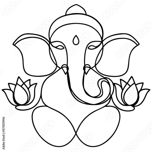 Lord Ganesha illustration with minimalist design, spiritual elephant god. This minimalist Ganesha design includes lotus flowers and meditative pose, symbolizing divinity and beginnings.