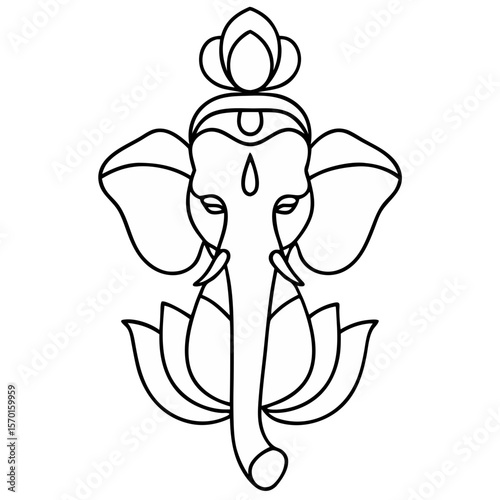 Line drawing of Lord Ganesha on white background, deity revered in Hinduism. Ganesha is a symbol of wisdom and prosperity, often invoked for new beginnings. Ganesha iconography,