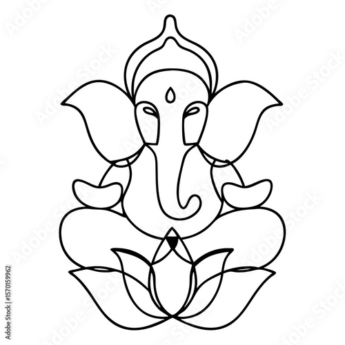 Abstract Ganesh line drawing on white backdrop. Ganesh outline illustration in simple style, ideal for creating minimalist designs, tattoos, or coloring pages.