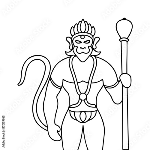 Hanuman illustration showing hindu monkey god with staff on white background. Symbolic depiction of Hanuman features deity with divine powers holding a staff.