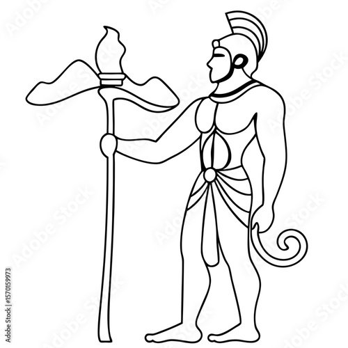 Illustration of Hanuman, divine Hindu monkey god, holding flaming mace. Hanuman symbolizes devotion, strength, and loyalty, essential in Hinduism,