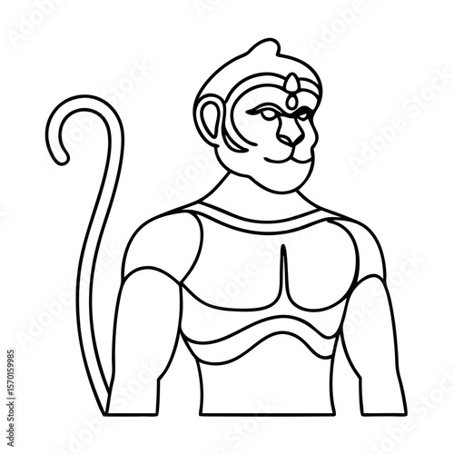 Outline drawing depicts Hanuman, Hindu deity and monkey god, in simple style. Hanuman graphic evokes courage, devotion, and strength.