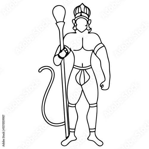 Hanuman, divine monkey deity in Hindu culture, stands upright, illustrated with outlines, sacred and strong. This Hanuman image symbolizes courage, loyalty, and devotion within spiritual art.