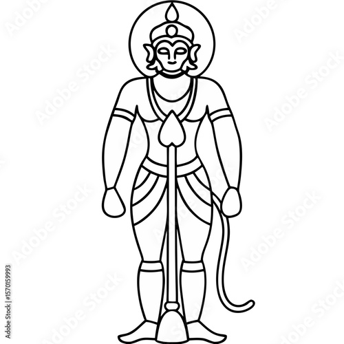 Hanuman deity graphic in line art, depicting spiritual symbolism. Hanuman rendering showcases religious traditions with cultural illustration of deity for print and web use.