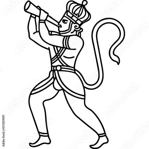 Hanuman figure blowing horn in outline style illustration, with traditional ornamentation and dynamic pose. Depiction of Hanuman communicates devotion and strength.