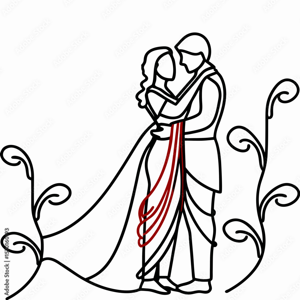 Fototapeta premium Romantic illustration of Radha Krishna couple in love, featuring elegant, stylized artwork. Radha Krishna symbolizes divine love and devotion, depicted with graceful lines and minimal detail,
