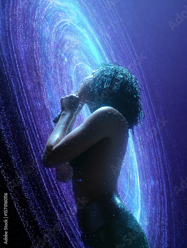 Singing Woman Embracing Mystical Light in a Dreamlike Cosmic Setting