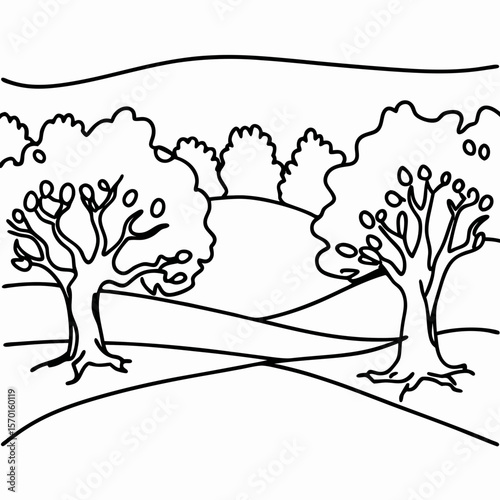 Mediterranean landscape with olive trees for coloring page illustration, showcasing olive groves. Mediterranean landscape design includes olive trees with lush foliage, hills, and a serene scene.