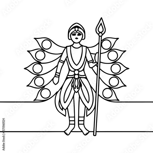 Murugan illustration showcases representation of Hindu deity with traditional spear and symbolic peacock feathers, celebrating religious heritage.