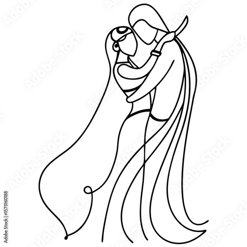 Radha Krishna depiction with minimalist design showing divine love and eternal devotion, featuring embracing couple in silhouette style. Radha Krishna embraces and represents spiritual connection.