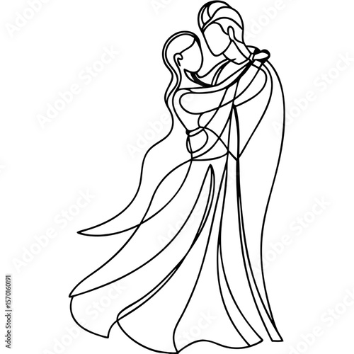 Radha Krishna artwork with dancing figures in a continuous line drawing. Radha Krishna represents love and devotion, expressed in this minimalist line art. Symbolizing eternal Radha Krishna love,
